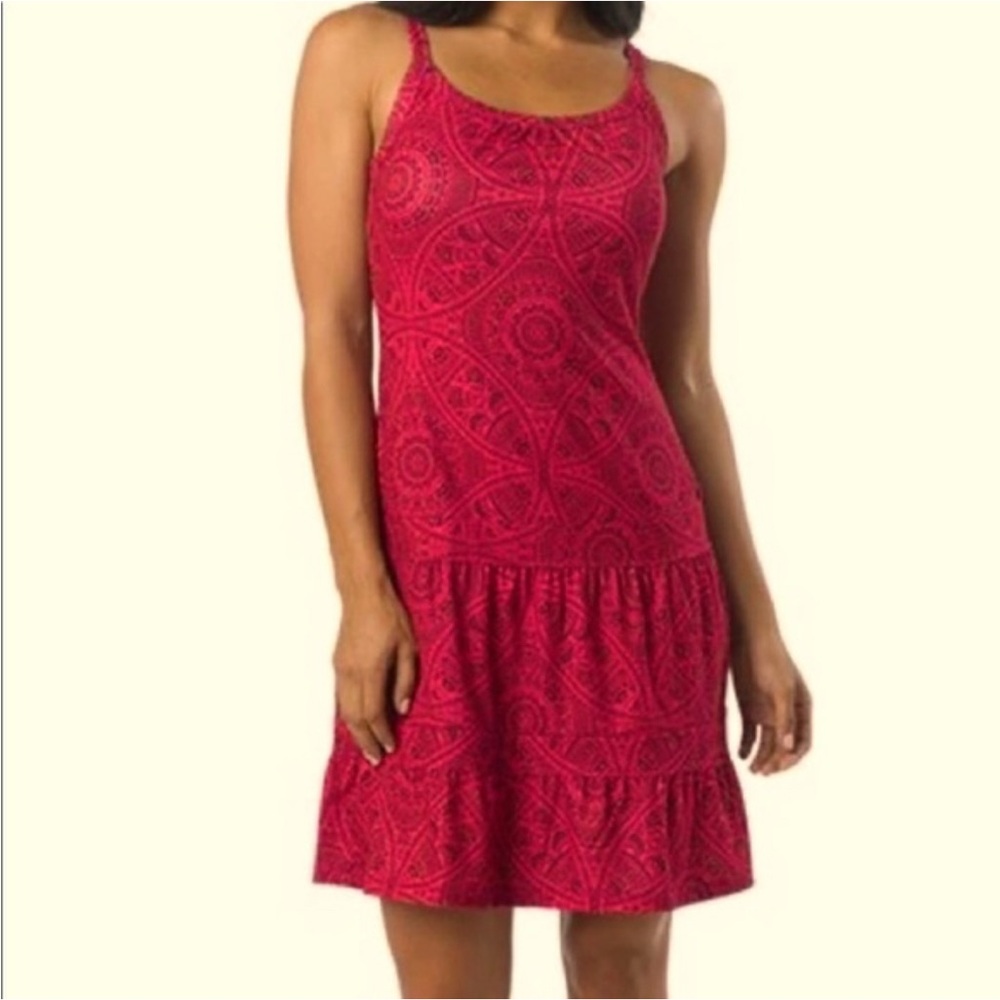 Prana Lexi Vibrant Red Coral Geometric Floral Patterned Mini Dress